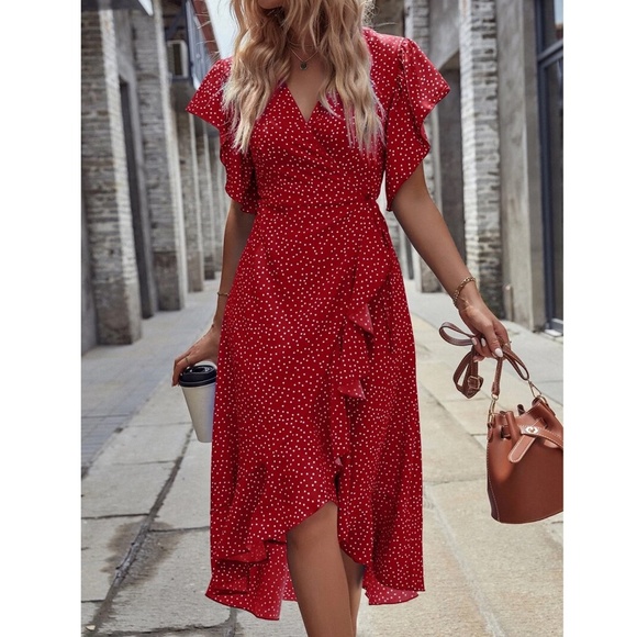 Polka Dot Burgundy Boho Wrap Midi Dress - Picture 5 of 10